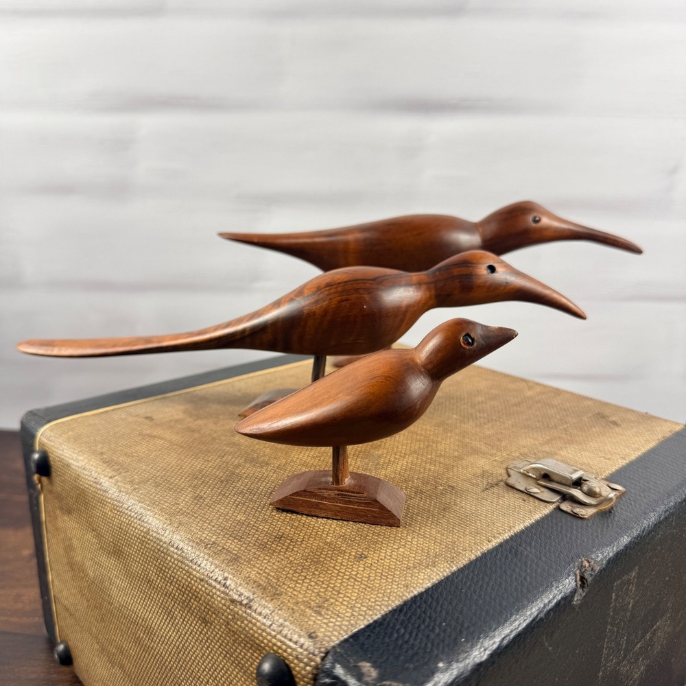 Mid Century Modern Hand Carved Wood Shorebird Sculptures Set of 3 MCM